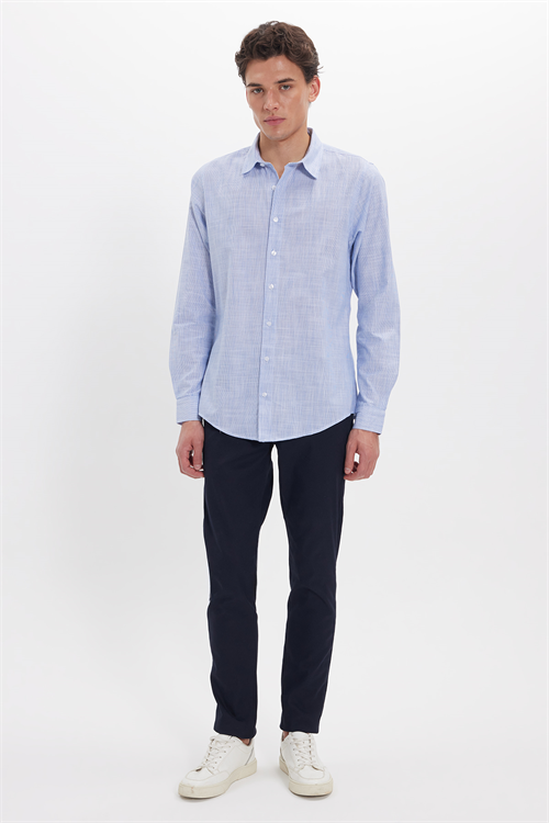 Erkek Slim Fit Dar Kesim %100 Pamuk Çizgili Uzun Kollu Keten Efektli Mavi Gömlek