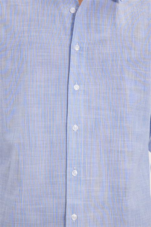 Erkek Slim Fit Dar Kesim %100 Pamuk Çizgili Uzun Kollu Keten Efektli Mavi Gömlek