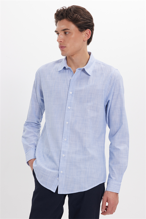 Erkek Slim Fit Dar Kesim %100 Pamuk Çizgili Uzun Kollu Keten Efektli Mavi Gömlek