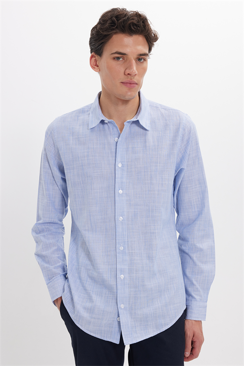 Erkek Slim Fit Dar Kesim %100 Pamuk Çizgili Uzun Kollu Keten Efektli Mavi Gömlek