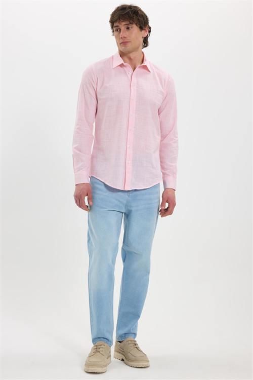 Erkek Slim Fit Dar Kesim %100 Pamuk Çizgili Uzun Kollu Keten Efektli Mercan Rengi Gömlek