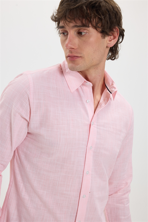 Erkek Slim Fit Dar Kesim %100 Pamuk Çizgili Uzun Kollu Keten Efektli Mercan Rengi Gömlek