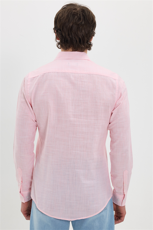 Erkek Slim Fit Dar Kesim %100 Pamuk Çizgili Uzun Kollu Keten Efektli Mercan Rengi Gömlek