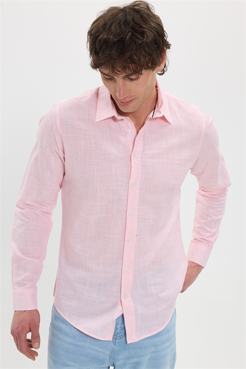 Erkek Slim Fit Dar Kesim %100 Pamuk Çizgili Uzun Kollu Keten Efektli Mercan Rengi Gömlek
