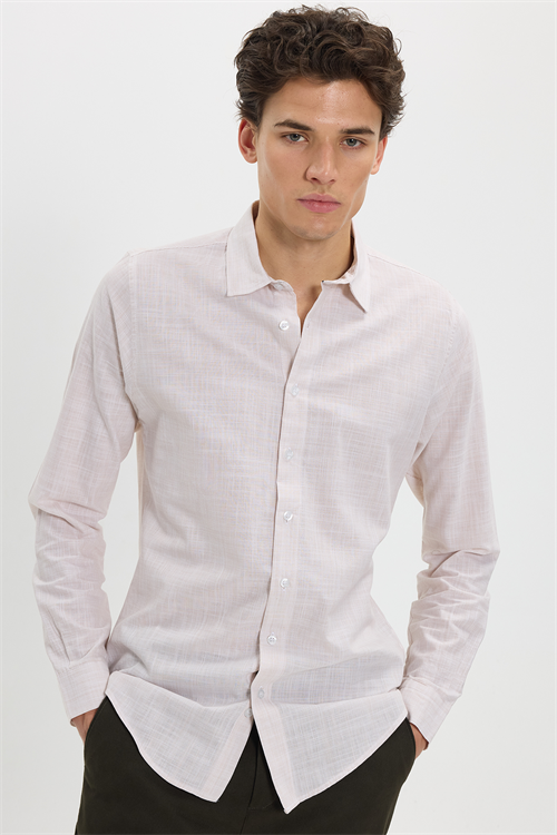 Erkek Slim Fit Dar Kesim %100 Pamuk Çizgili Uzun Kollu Keten Efektli Bej Gömlek