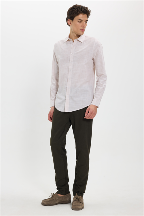 Erkek Slim Fit Dar Kesim %100 Pamuk Çizgili Uzun Kollu Keten Efektli Bej Gömlek