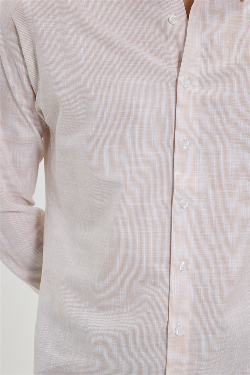 Erkek Slim Fit Dar Kesim %100 Pamuk Çizgili Uzun Kollu Keten Efektli Bej Gömlek