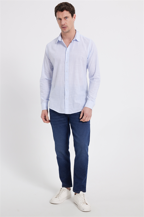 Erkek Slim Fit Dar Kesim %100 Pamuk Çizgili Uzun Kollu Keten Efektli Mavi Gömlek