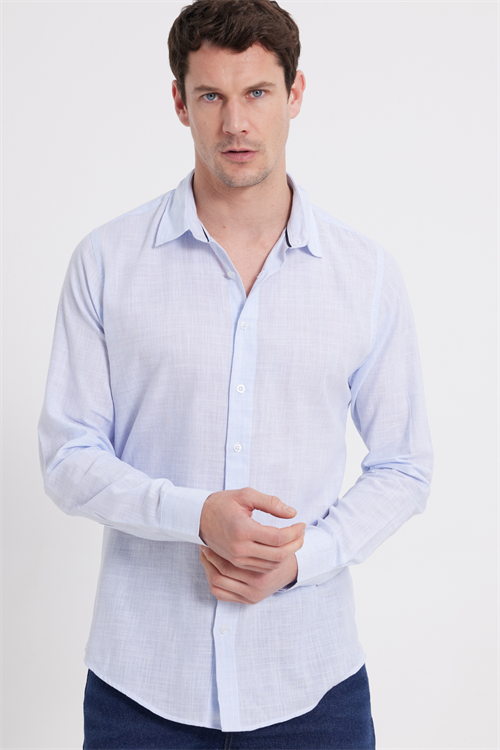 Erkek Slim Fit Dar Kesim %100 Pamuk Çizgili Uzun Kollu Keten Efektli Mavi Gömlek