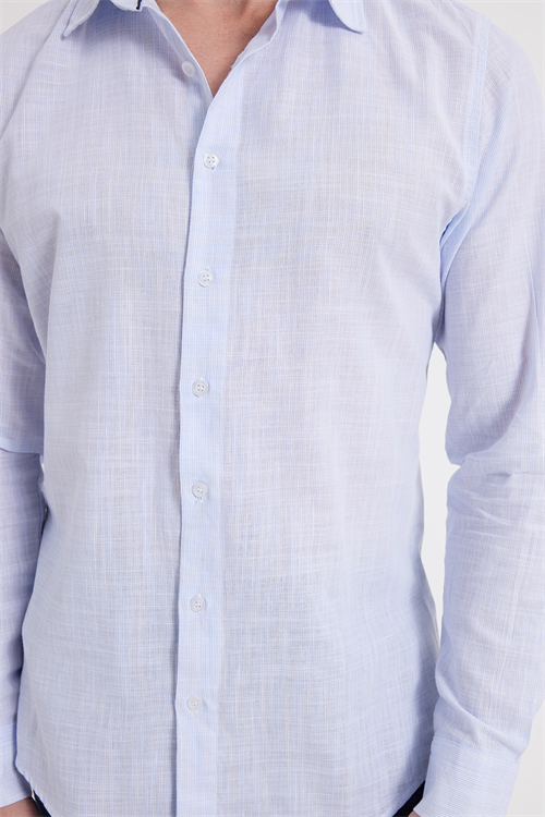 Erkek Slim Fit Dar Kesim %100 Pamuk Çizgili Uzun Kollu Keten Efektli Mavi Gömlek