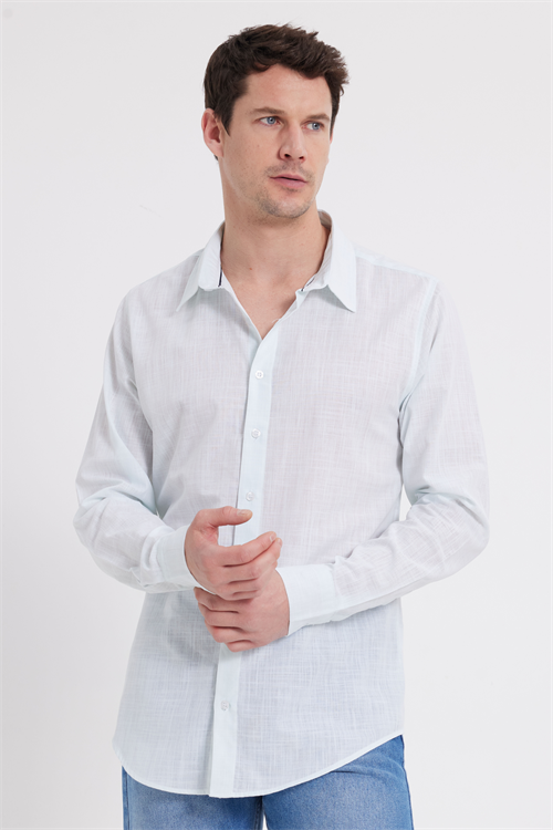 Erkek Slim Fit Dar Kesim %100 Pamuk Çizgili Uzun Kollu Keten Efektli Mint Gömlek