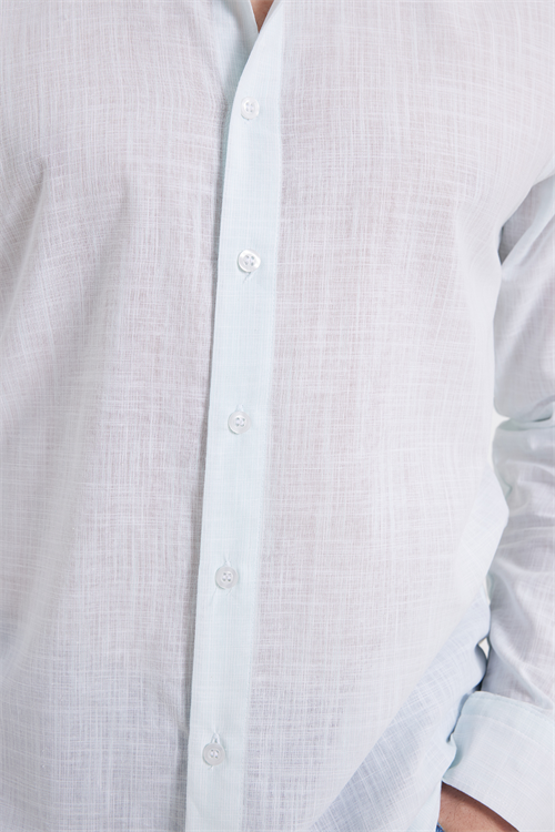 Erkek Slim Fit Dar Kesim %100 Pamuk Çizgili Uzun Kollu Keten Efektli Mint Gömlek