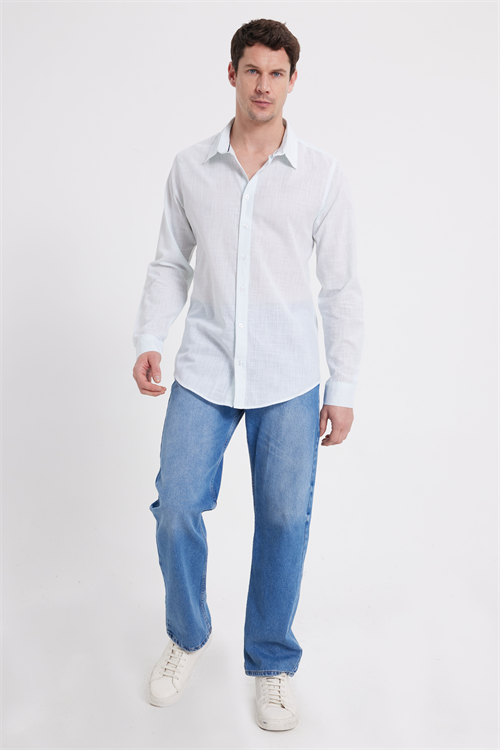Erkek Slim Fit Dar Kesim %100 Pamuk Çizgili Uzun Kollu Keten Efektli Mint Gömlek