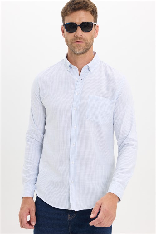 Erkek Slim Fit Dar Kesim %100 Pamuk Düğmeli Yaka Çizgili Uzun Kollu Cepli Keten Efektli Mavi Gömlek