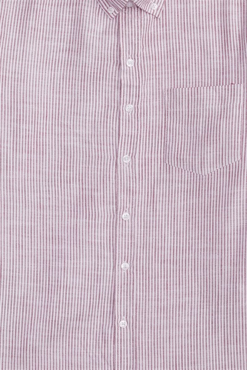Erkek Slim Fit Dar Kesim %100 Pamuk Düğmeli Yaka Çizgili Uzun Kollu Cepli Keten Efektli Bordo Gömlek