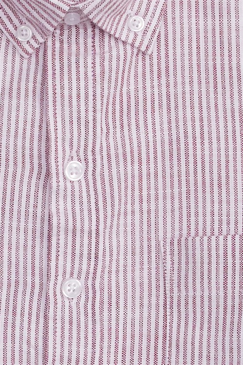 Erkek Slim Fit Dar Kesim %100 Pamuk Düğmeli Yaka Çizgili Uzun Kollu Cepli Keten Efektli Bordo Gömlek