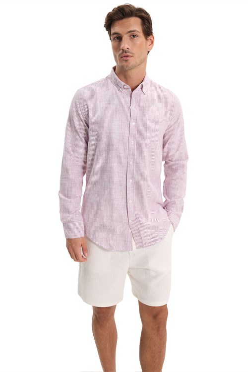 Erkek Slim Fit Dar Kesim %100 Pamuk Düğmeli Yaka Çizgili Uzun Kollu Cepli Keten Efektli Bordo Gömlek