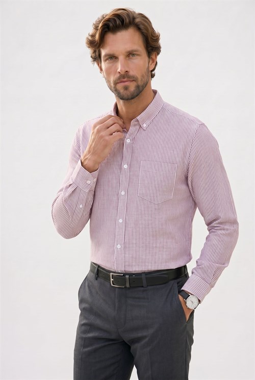 Erkek Slim Fit Dar Kesim %100 Pamuk Düğmeli Yaka Çizgili Uzun Kollu Cepli Keten Efektli Bordo Gömlek
