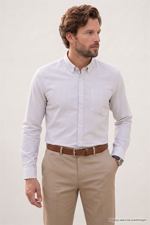 Erkek Slim Fit Dar Kesim %100 Pamuk Düğmeli Yaka Çizgili Uzun Kollu Cepli Keten Bej Gömlek