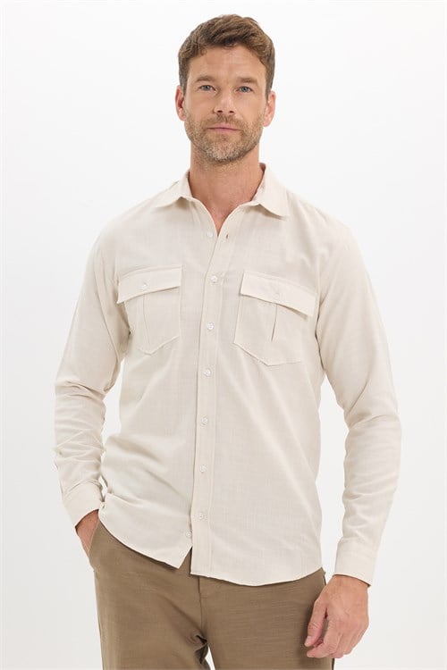 Erkek Slim Fit Dar Kesim %100 Pamuk Düğmeli Yaka Çizgili Uzun Kollu Cepli Keten Bej Gömlek