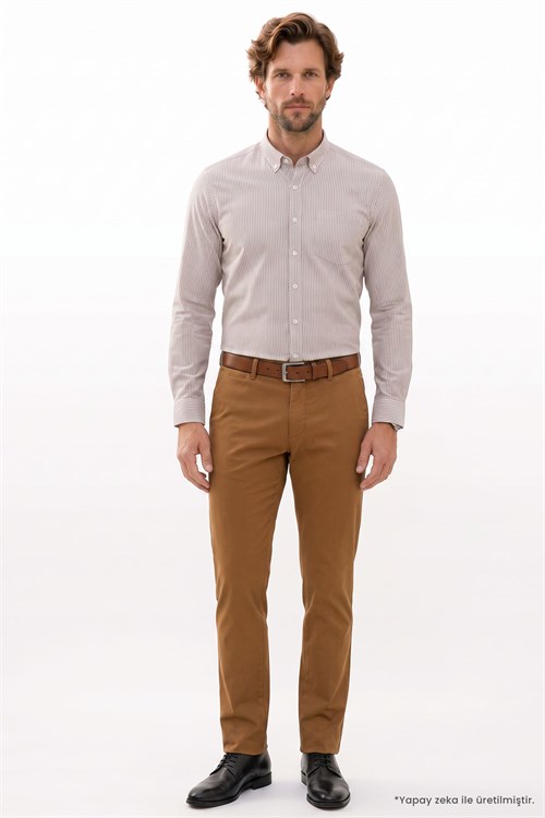 Erkek Slim Fit Dar Kesim %100 Pamuk Düğmeli Yaka Çizgili Uzun Kollu Cepli Keten Bej Gömlek