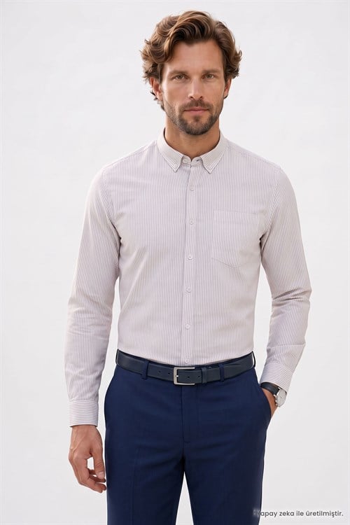 Erkek Slim Fit Dar Kesim %100 Pamuk Düğmeli Yaka Çizgili Uzun Kollu Cepli Keten Bej Gömlek