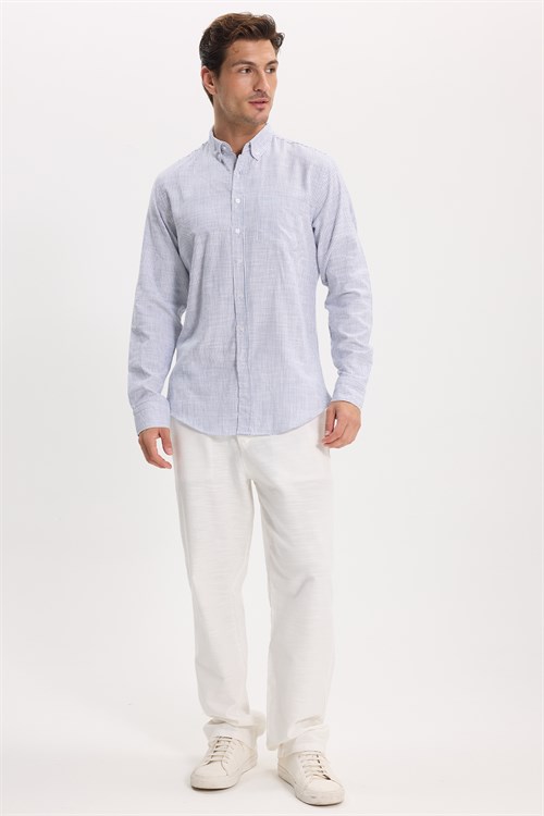 Erkek Slim Fit Dar Kesim %100 Pamuk Düğmeli Yaka Çizgili Uzun Kollu Cepli Keten Lacivert Gömlek