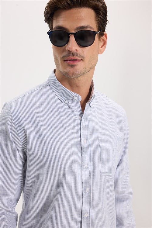 Erkek Slim Fit Dar Kesim %100 Pamuk Düğmeli Yaka Çizgili Uzun Kollu Cepli Keten Lacivert Gömlek