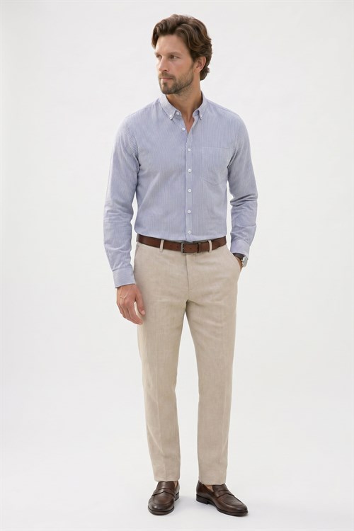 Erkek Slim Fit Dar Kesim %100 Pamuk Düğmeli Yaka Çizgili Uzun Kollu Cepli Keten Lacivert Gömlek