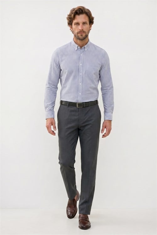 Erkek Slim Fit Dar Kesim %100 Pamuk Düğmeli Yaka Çizgili Uzun Kollu Cepli Keten Lacivert Gömlek