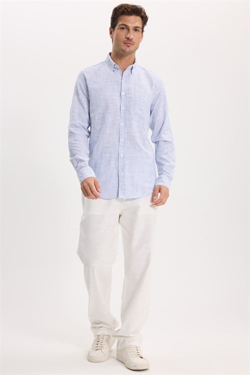Erkek Slim Fit Dar Kesim %100 Pamuk Düğmeli Yaka Çizgili Uzun Kollu Cepli Keten Efektli Lacivert Gömlek