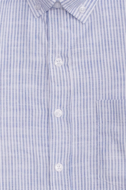 Erkek Slim Fit Dar Kesim %100 Pamuk Düğmeli Yaka Çizgili Uzun Kollu Cepli Keten Efektli Lacivert Gömlek