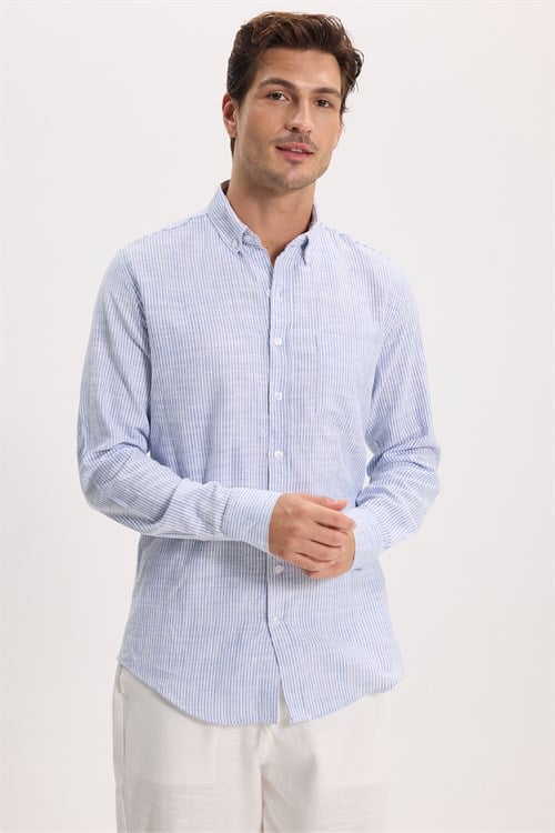 Erkek Slim Fit Dar Kesim %100 Pamuk Düğmeli Yaka Çizgili Uzun Kollu Cepli Keten Efektli Lacivert Gömlek