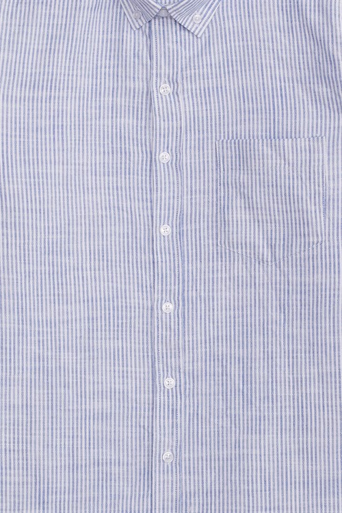 Erkek Slim Fit Dar Kesim %100 Pamuk Düğmeli Yaka Çizgili Uzun Kollu Cepli Keten Efektli Lacivert Gömlek