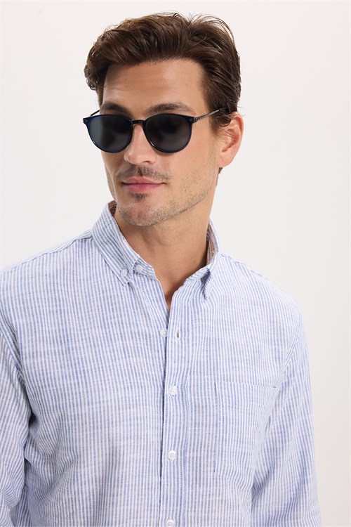Erkek Slim Fit Dar Kesim %100 Pamuk Düğmeli Yaka Çizgili Uzun Kollu Cepli Keten Efektli Lacivert Gömlek