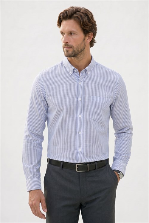 Erkek Slim Fit Dar Kesim %100 Pamuk Düğmeli Yaka Çizgili Uzun Kollu Cepli Keten Efektli Lacivert Gömlek
