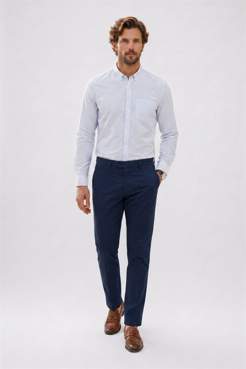 Erkek Slim Fit Dar Kesim %100 Pamuk Düğmeli Yaka Çizgili Uzun Kollu Cepli Keten Efektli Gömlek