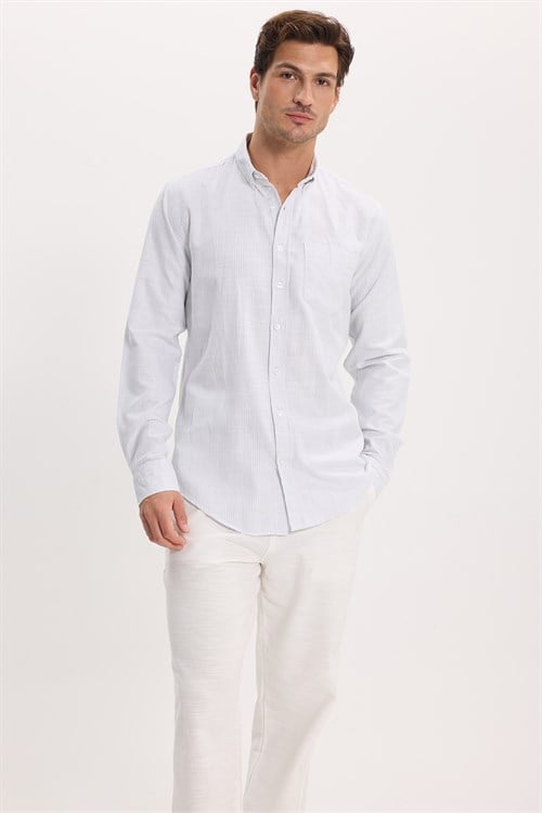 Erkek Slim Fit Dar Kesim %100 Pamuk Düğmeli Yaka Çizgili Uzun Kollu Cepli Keten Efektli Gömlek