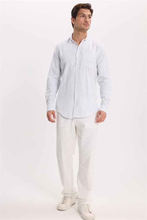 Erkek Slim Fit Dar Kesim %100 Pamuk Düğmeli Yaka Çizgili Uzun Kollu Cepli Keten Efektli Gömlek