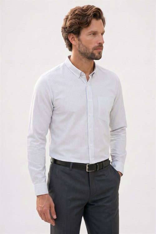 Erkek Slim Fit Dar Kesim %100 Pamuk Düğmeli Yaka Çizgili Uzun Kollu Cepli Keten Efektli Gömlek