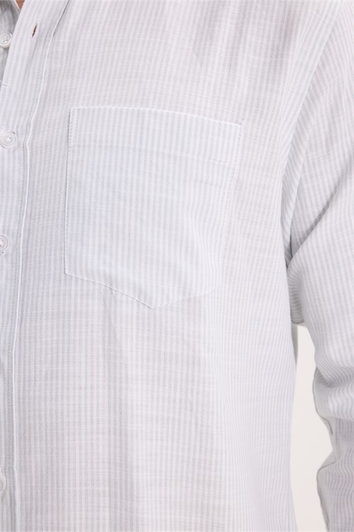 Erkek Slim Fit Dar Kesim %100 Pamuk Düğmeli Yaka Çizgili Uzun Kollu Cepli Keten Efektli Gömlek