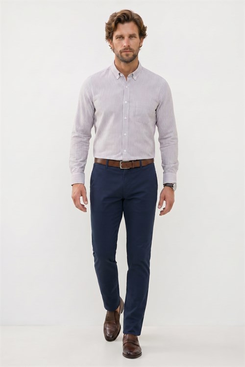 Erkek Slim Fit Dar Kesim %100 Pamuk Düğmeli Yaka Çizgili Uzun Kollu Cepli Keten Efektli Haki Gömlek
