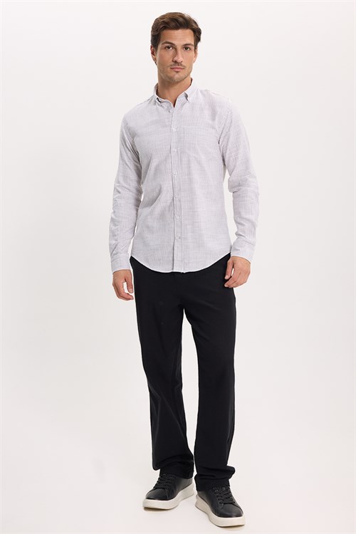 Erkek Slim Fit Dar Kesim %100 Pamuk Düğmeli Yaka Çizgili Uzun Kollu Cepli Keten Efektli Haki Gömlek