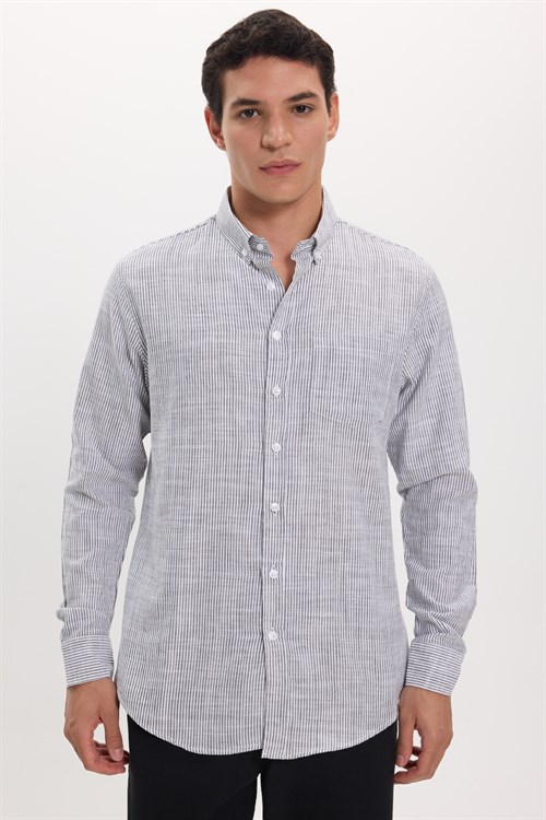 Erkek Slim Fit Dar Kesim %100 Pamuk Düğmeli Yaka Çizgili Uzun Kollu Cepli Keten Siyah-Beyaz Gömlek