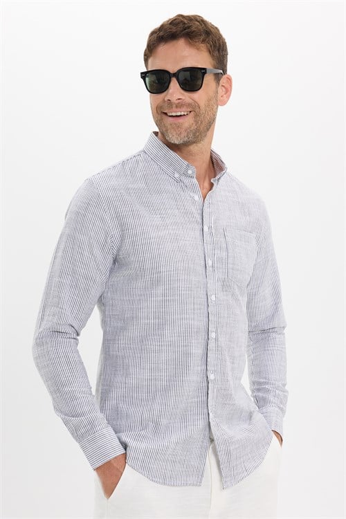 Erkek Slim Fit Dar Kesim %100 Pamuk Düğmeli Yaka Çizgili Uzun Kollu Cepli Keten Siyah-Beyaz Gömlek