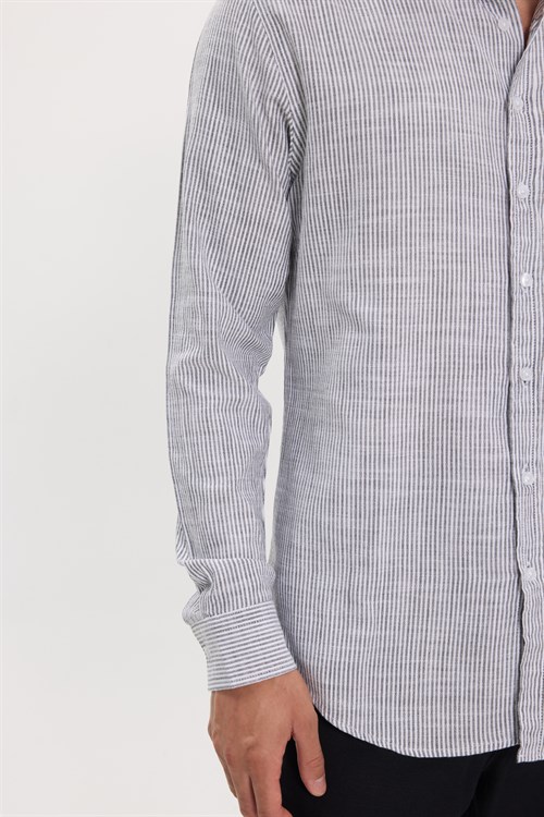 Erkek Slim Fit Dar Kesim %100 Pamuk Düğmeli Yaka Çizgili Uzun Kollu Cepli Keten Siyah-Beyaz Gömlek