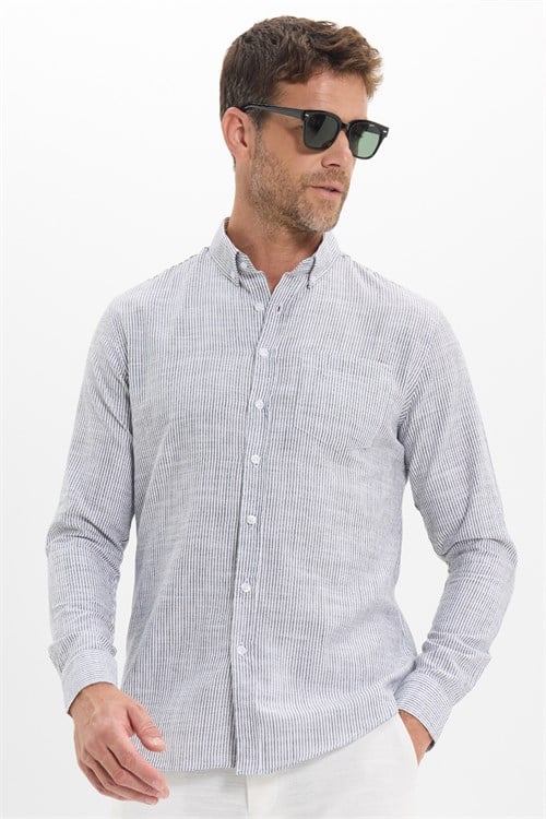 Erkek Slim Fit Dar Kesim %100 Pamuk Düğmeli Yaka Çizgili Uzun Kollu Cepli Keten Siyah-Beyaz Gömlek