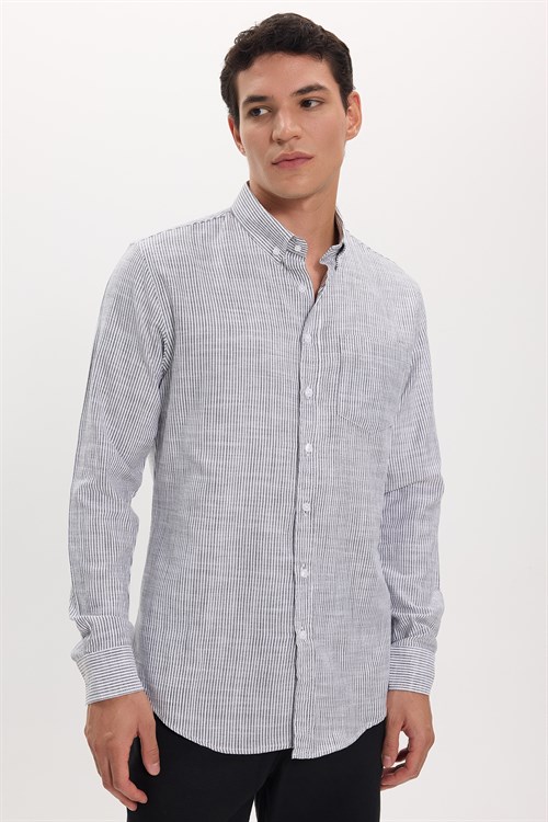 Erkek Slim Fit Dar Kesim %100 Pamuk Düğmeli Yaka Çizgili Uzun Kollu Cepli Keten Siyah-Beyaz Gömlek