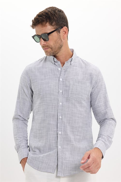 Erkek Slim Fit Dar Kesim %100 Pamuk Düğmeli Yaka Çizgili Uzun Kollu Cepli Keten Siyah-Beyaz Gömlek