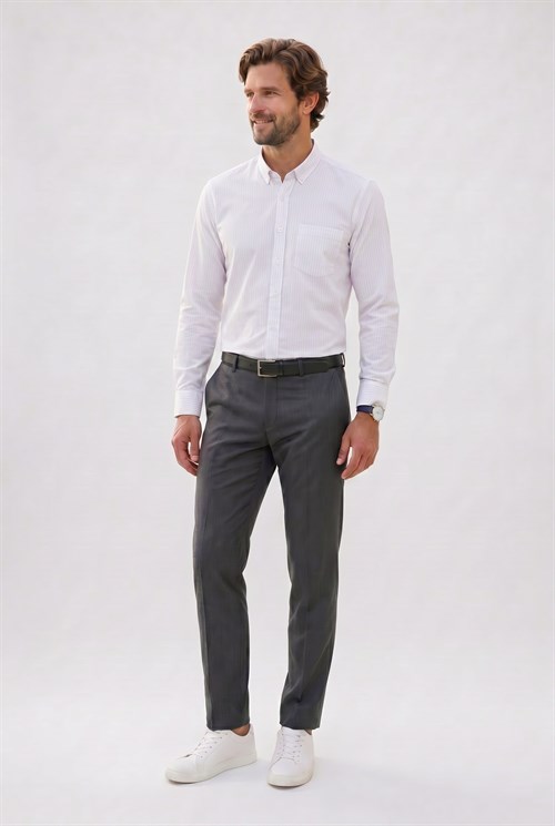 Erkek Slim Fit Dar Kesim %100 Pamuk Düğmeli Yaka Çizgili Uzun Kollu Cepli Keten Efektli Yeşil Gömlek